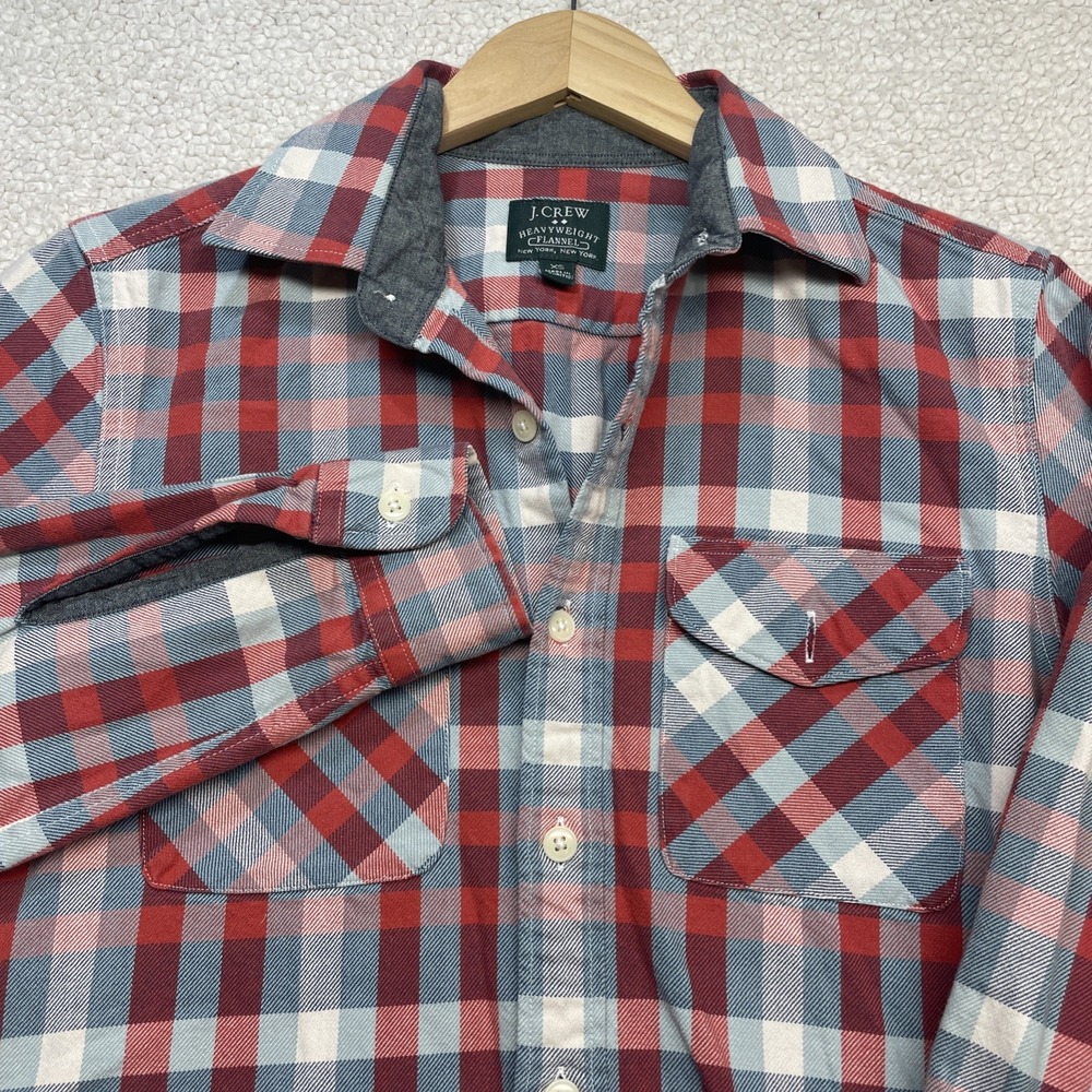 J.Crew Flannel Shirt Mens XS Red Blue Plaid Heavyweight Button Down Pocket L/S